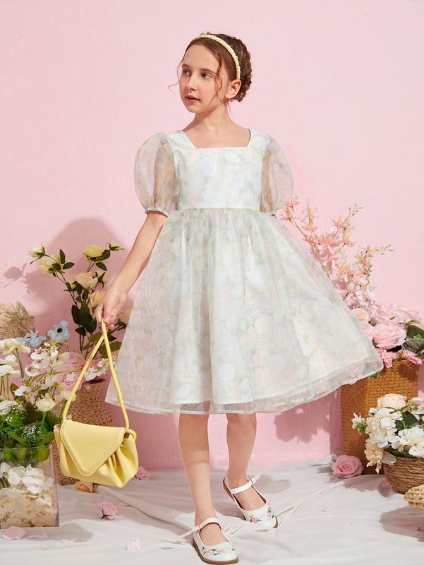 Girls Puff Sleeve Organza Floral Dress SHE