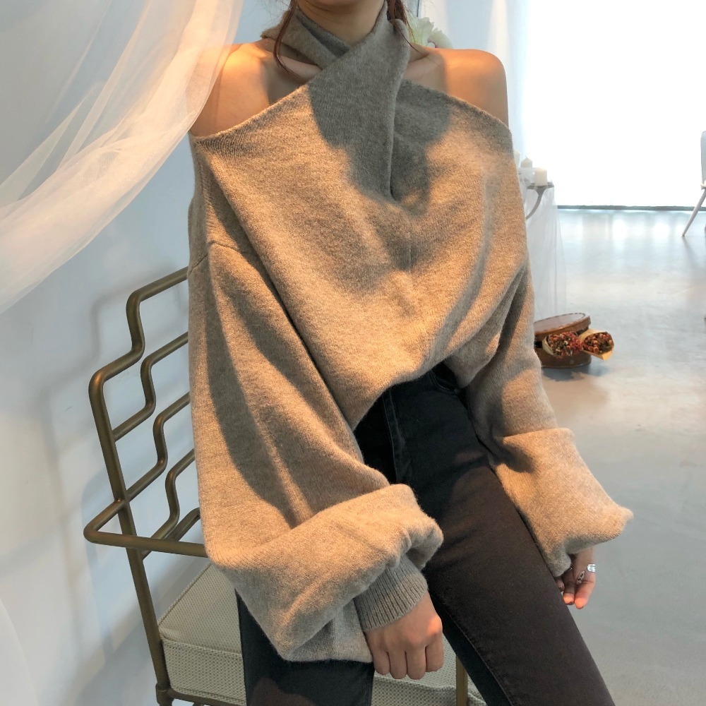 Women Retro Criss-Cross Halter Knitted Sweater Off Shoulder Hanging Neck Strapless Pullovers Oversized Lady Sweaters 201130