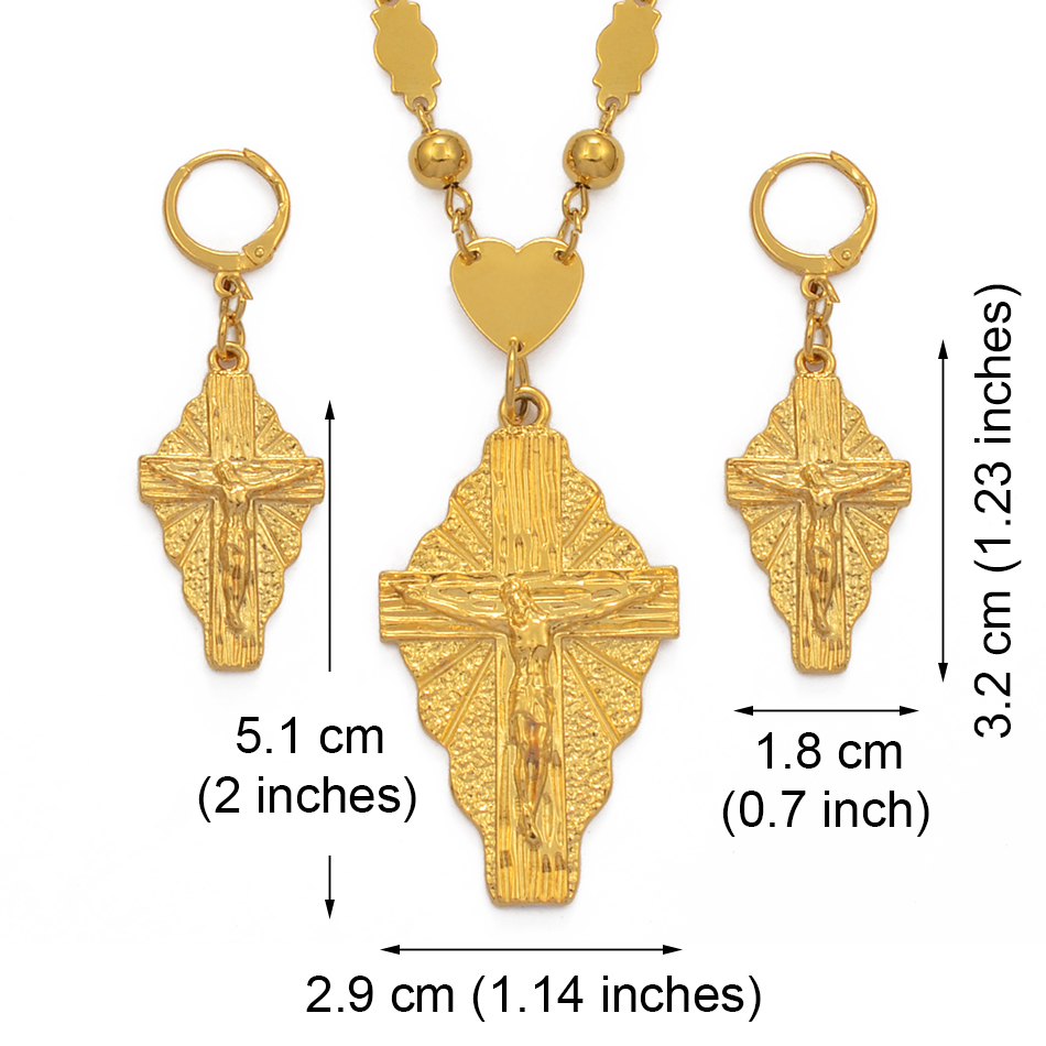 Anniyo Hawaii Jesus Jewelry Set Cross Pendant Necklaces Earrings Women Girls Gold Color Guam Micronesia Chuuk Pohnpei #212306 201222