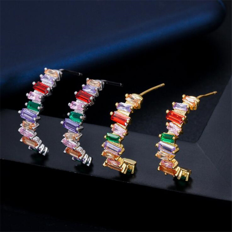 Top Sell Luxury Jewelry 18K White&Gold Fill T Princess Cut Multi Color Topaz CZ Diamond Popular Women Wedding Stud Earring For Lover Gift