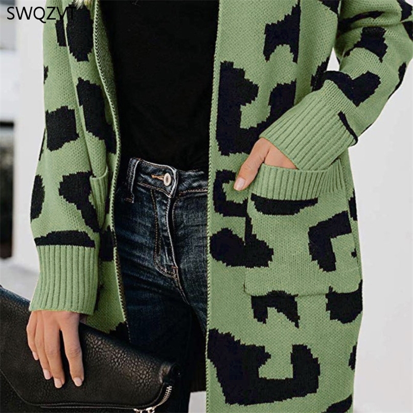 SWQZVT Autumn Winter knitted Sweater Women Fashion Casual Leopard Women Cardigan ladies Winter Clothes outwear knitwear 201225