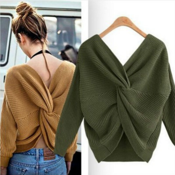 2020FW Women Sweaters Womens V-neck Open Back Sweaters Ladys Irregular Cross-knotted Sweater on The Back Fashion Sexy Pullover Clothing, White 
2020FW Women Sweaters Womens V-neck Open Back Sweaters Ladys Irregular Cross-knotted Sweater on The Back Fashion Sexy Pullover Clothing, White