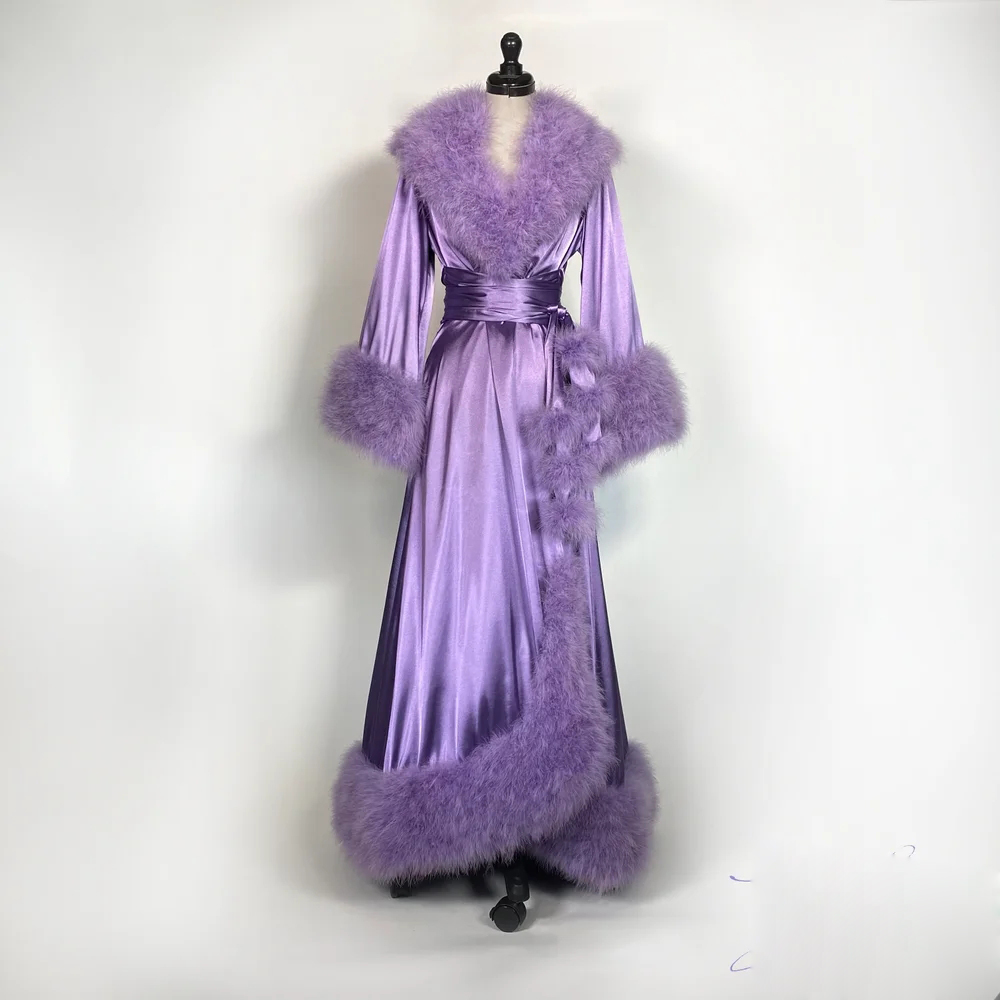 Luxury Silk Bride Sleepwear Robes Feather Long Sleeve Custom Made Royal Women Sleepwear Sweep Train Pajamas Dresses