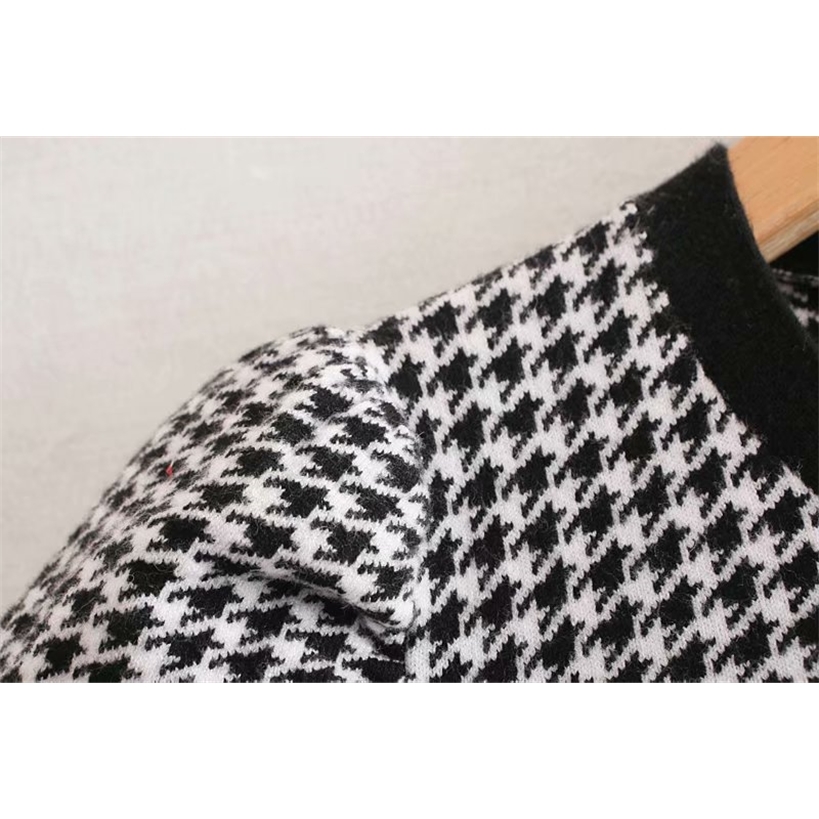 women vintage houndstooth pattern puff sleeve casual sweater ladies basic o neck knitted pullover autumn chic tops S163 201221