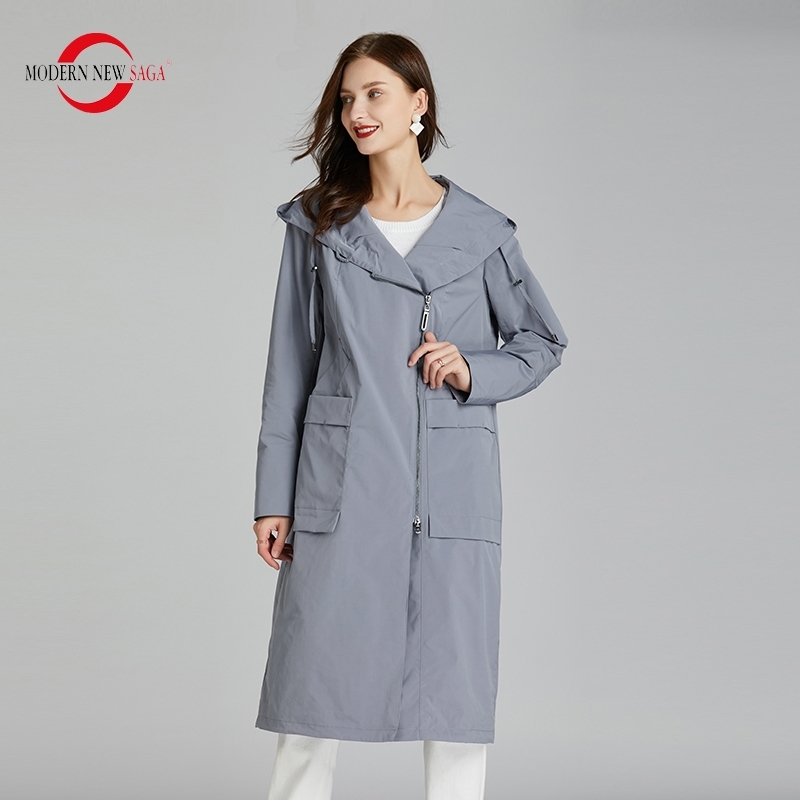 MODERN NEW SAGA Spring Women Trench Coat Fashion Long Coat Hooded Women Coats Autumn Casual Windbreaker Zipper Big Size 201102