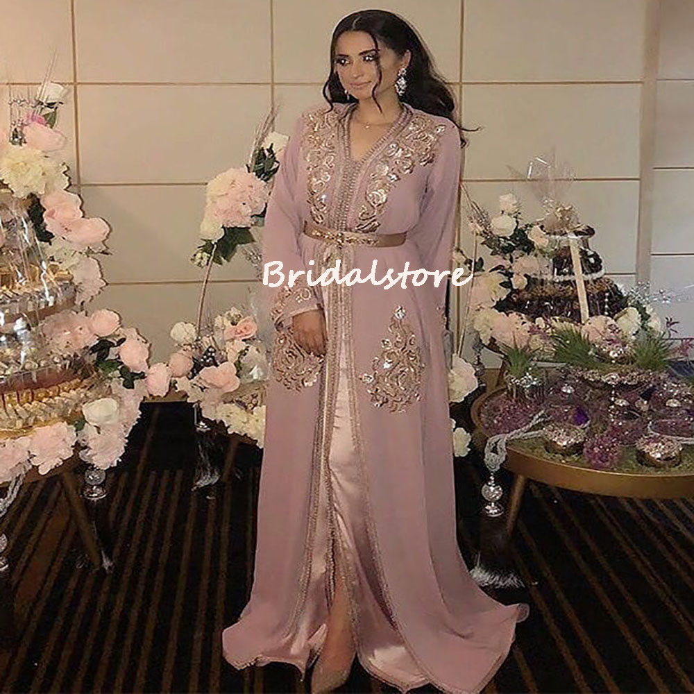 Dusty Pink Caftan Evening Dress Moroccan Dubai Robe De Soiree Mariage Turish Muslim V Neck Long Sleeve Prom Dress Chic Formal Second Party Reception D