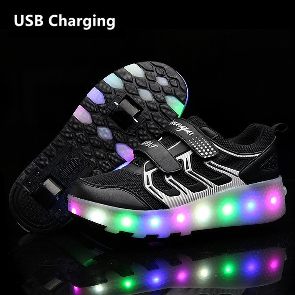 Two Wheels USB Charging Sneakers Red Led Light Roller Skate Shoes for Children Kids Led Shoes Boys Girls Shoes Light Up Unisex