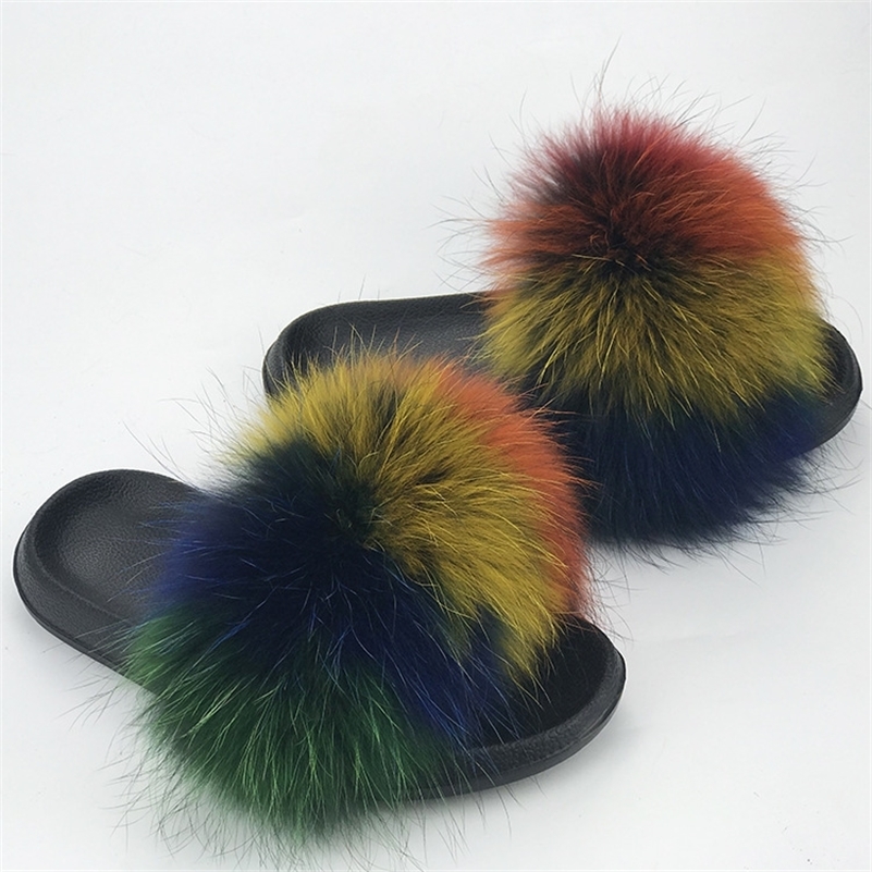 Real Raccoon Fur Slippers Women Sliders Casual Fox Hair Flat Fluffy Fashion Home Summer Big Size 45 Furry Flip Flops Shoes Y200423