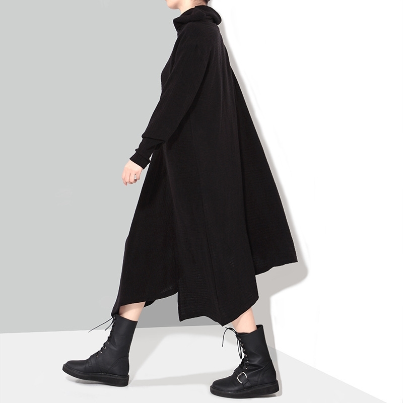 Solid Black Woman Autumn Winter Long Asymmetric Knitted Sweater Dress Full Sleeve Plus Size Stretch Ladies Dress Robe Style 1803 201110