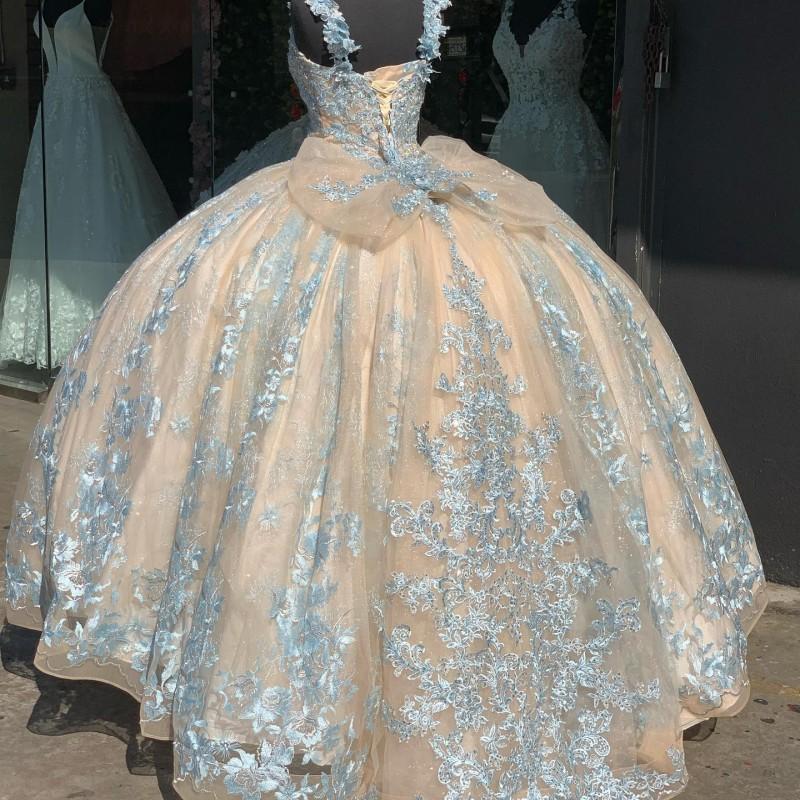 Real Image Blue And Champagne Quinceanera Dress Ball Gown 3D Flowers Flroal Applique Sweetheart Lace-up Sweet 16 Dress Ball Gown Prom Long