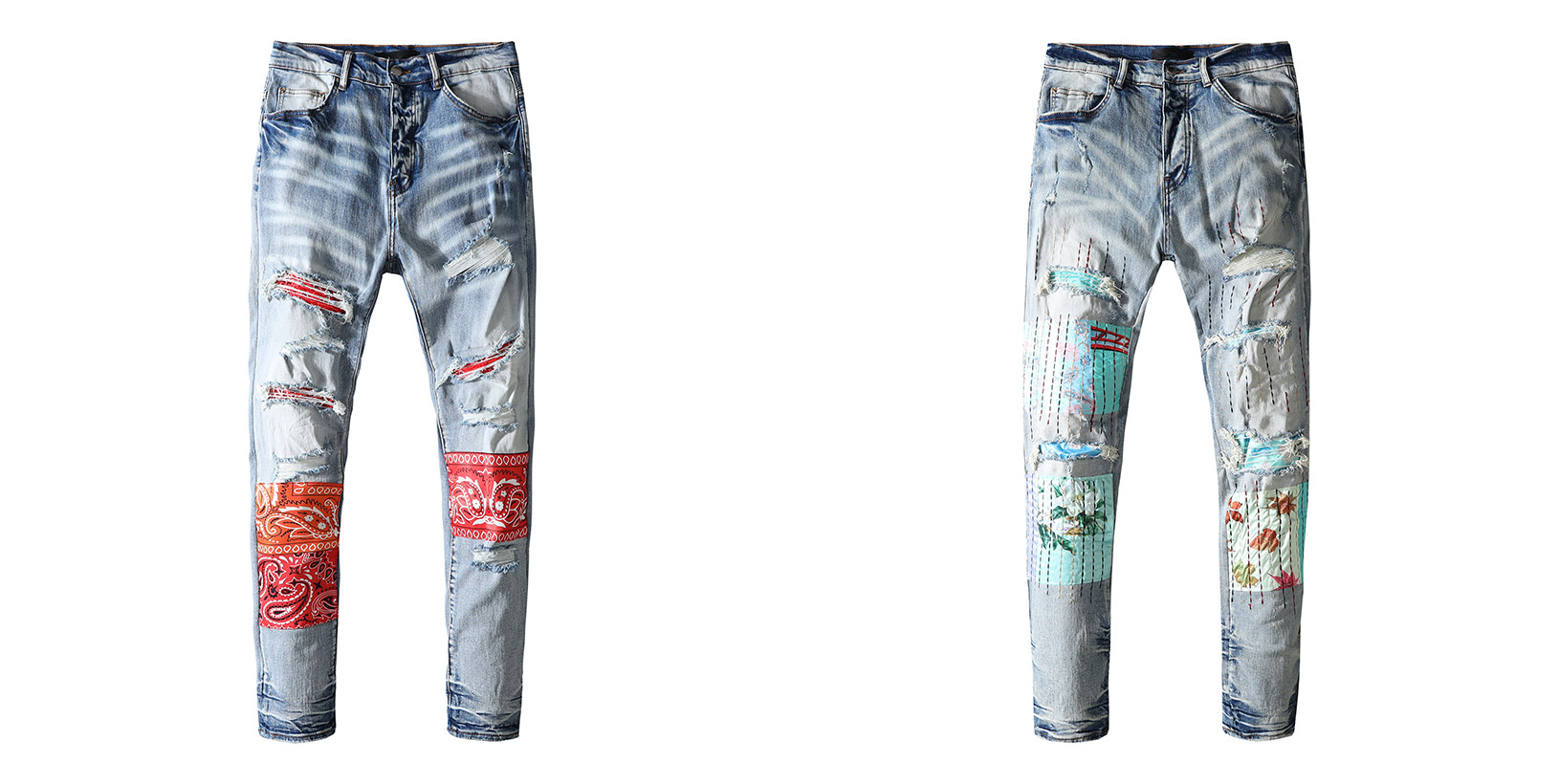 Mens jeans European and American ripped appliqué embroidery, washed and worn, folds, light blue cashew flower pattern, casual slim-fit feet pants for teenagers, Red patch
Mens jeans European and American ripped appliqué embroidery, washed and worn, folds, light blue cashew flower pattern, casual slim-fit feet pants for teenagers, Red patch