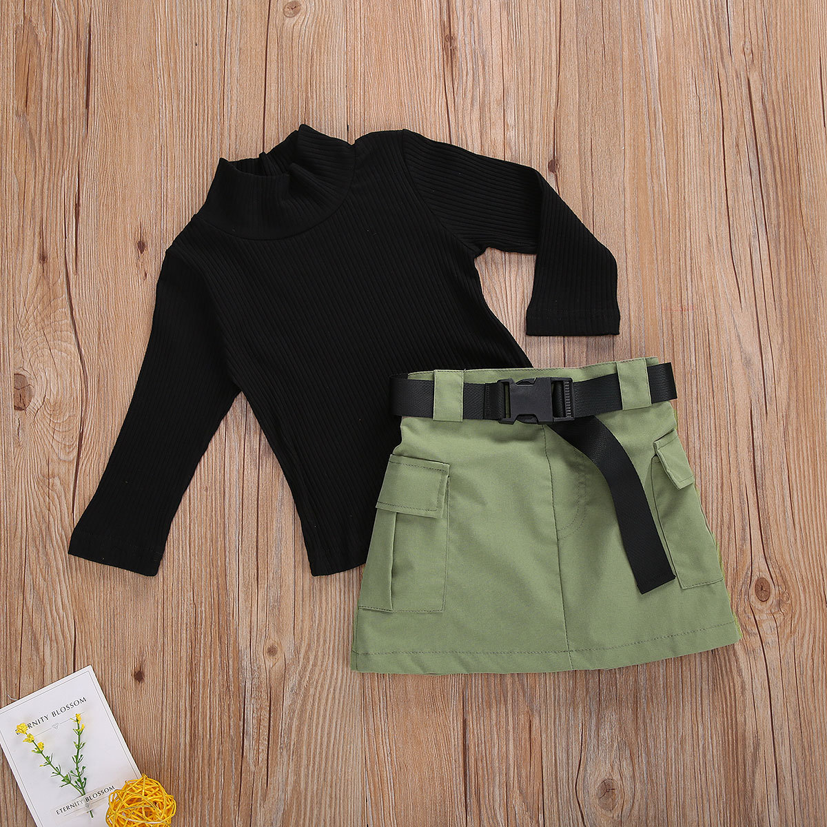 1-6Y Toddler Kids Baby Girls Clothes 3Pcs Outfit Set Long Sleeve Half Turtleneck Top Ribbed Solid Shirt + Work Skirt+Belt SetX1019