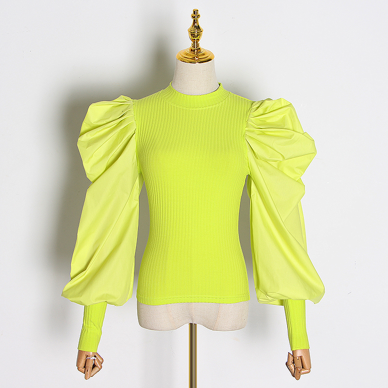 TWOTWINSTYLE White Patchwork Knitted Ruched Women' Sweater O Neck Puff Sleeve Pullover Female Streetwear Autumn Fashion New 201023