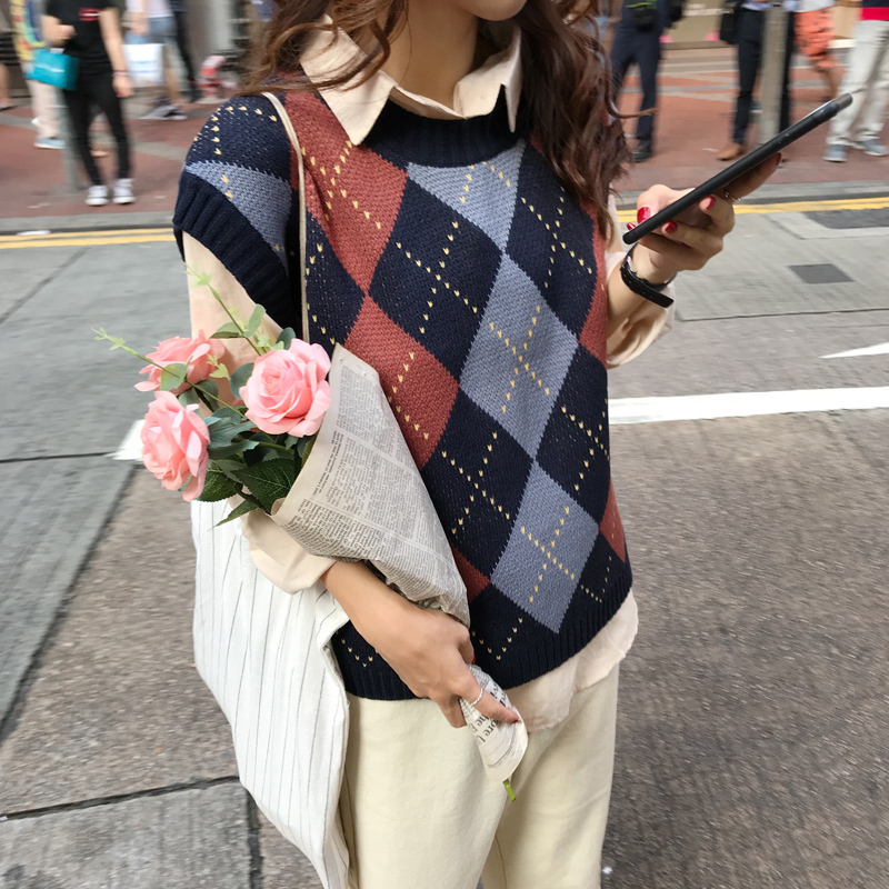 autumn and winter korean style knitted vintage plaid sleeveless vest sweaters womens pullovers womens (C9052) 201030wtt