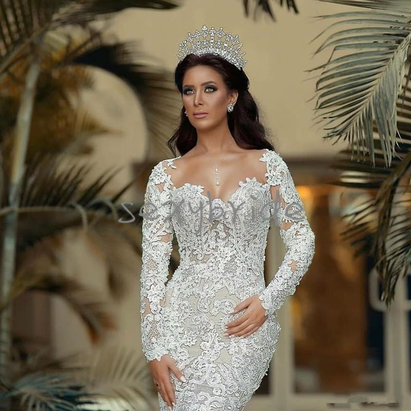 Luxury Full Lace Mermaid Wedding Dresses Vintage Overskirts Pearls Beading Long Sleeve Bridal Gowns 2021 Appliqued Arabic Dubai Vestidos