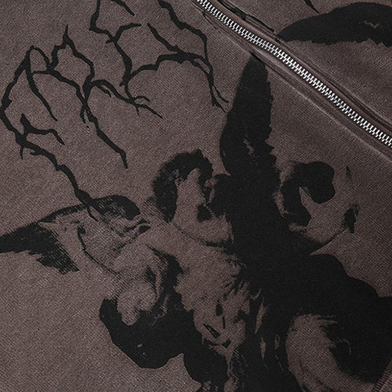 Men's Jackets Autumn Clothes Angel Fairy Grunge Dark Print Coat Brown Y2k Gothic Oversized Hoodies Loose Zipper Long Sleeve Jacket M-Xxl