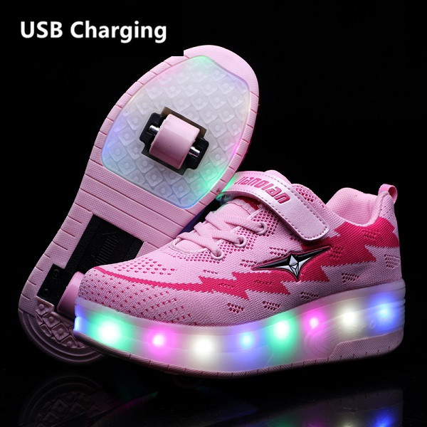 Two Wheels USB Charging Sneakers Red Led Light Roller Skate Shoes for Children Kids Led Shoes Boys Girls Shoes Light Up Unisex