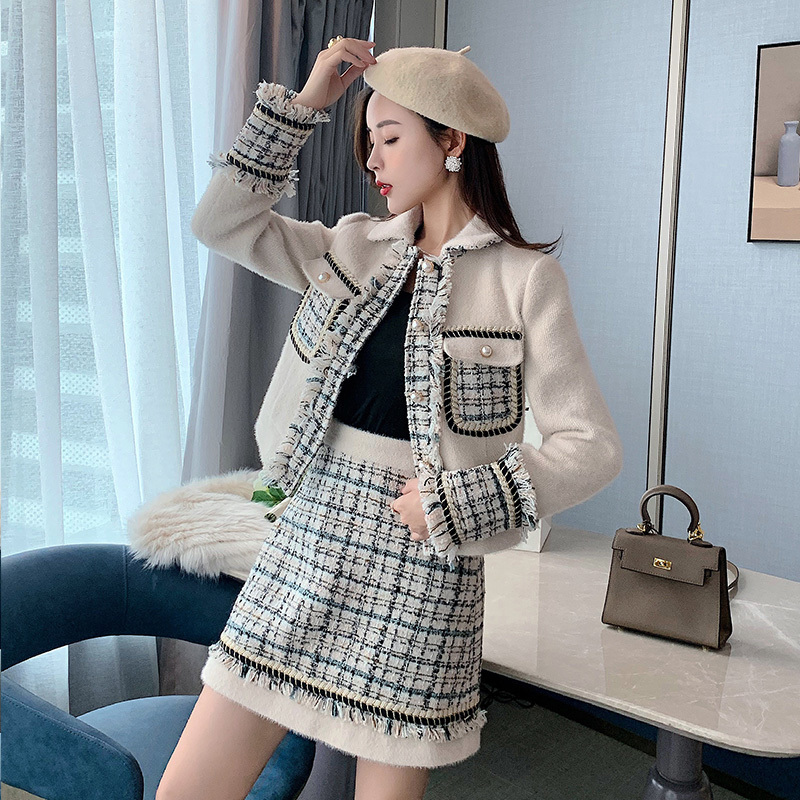 Winter Two-piece Faux Mink Cashmere Patchwork Tweed Set Woolen Tassels Trim Pearl Pocket Jacket Coat + Mini Plaid Skirt Set 201030