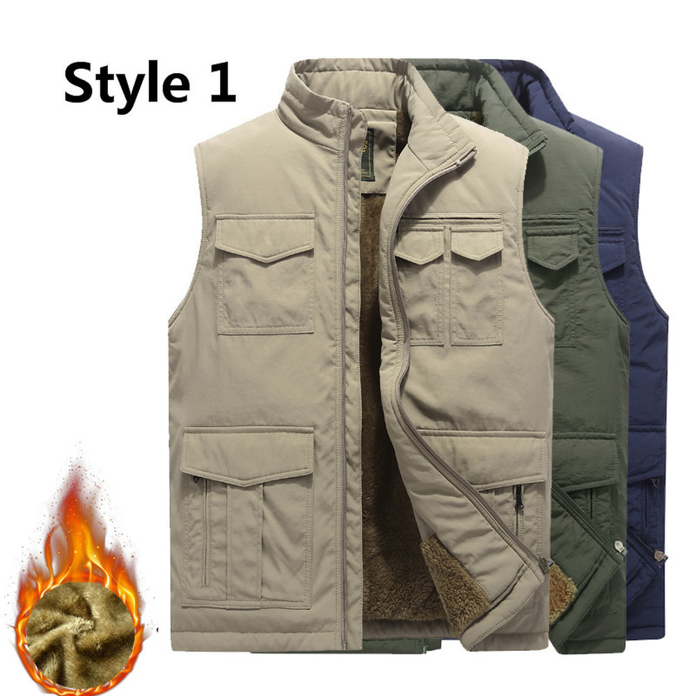 Men's Winter Vest Thicken Fleece Multi Pocket Waistcoat Casual Warm Mandarin Collar Photographer Sleeveless Jacket Plus Size 5XL 201120