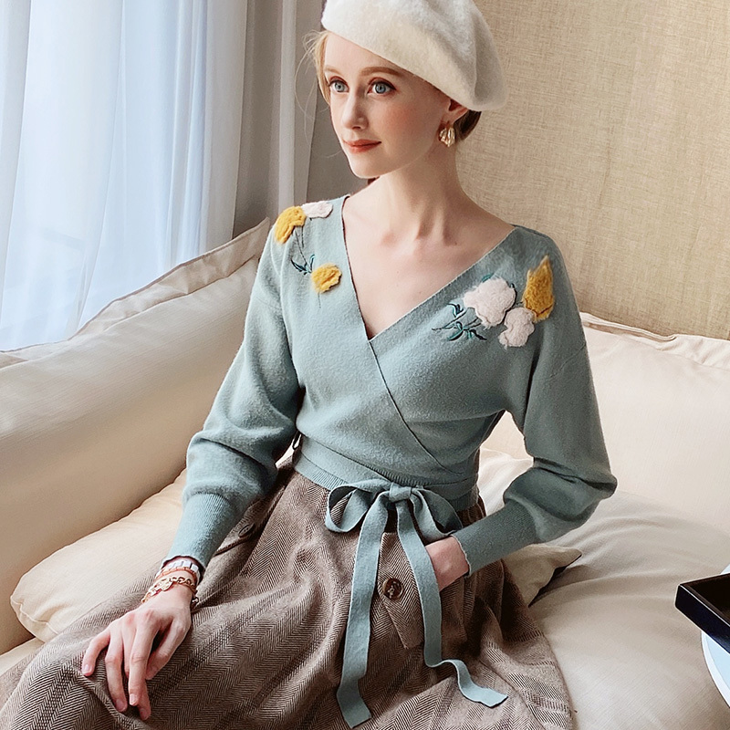 Dabuwawa Elegant Appliques V Neck Sweater Women Lantern Sleeve Sash Hem Tops Fashion Pullovers Sweaters Female DT1DJS017 201130