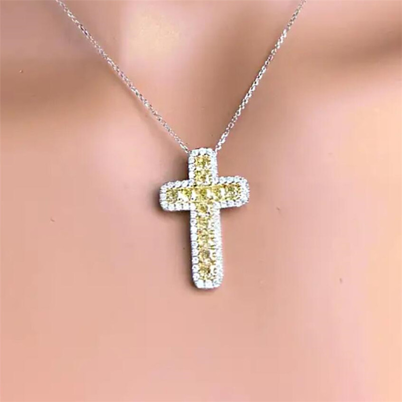 Hip Hop Vintage Sterg Sier Yellow Crystal Cross Pendant Necklace for Women 81fd