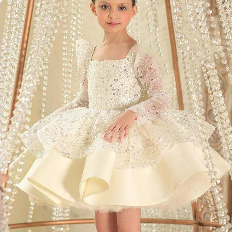 Glitter White Sequined Flower Girl Dresses Long Sleeves Birthday Wedding Guest Robe De Demoiselle Princess Communion