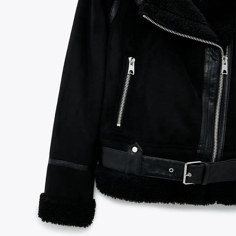 Winter Fleece Thick Women's Jacket Retro Suede Lambs Wool Warm Moto Biker Coat Belt Pockets Zipper Faux Leather Woman Jackets 210201