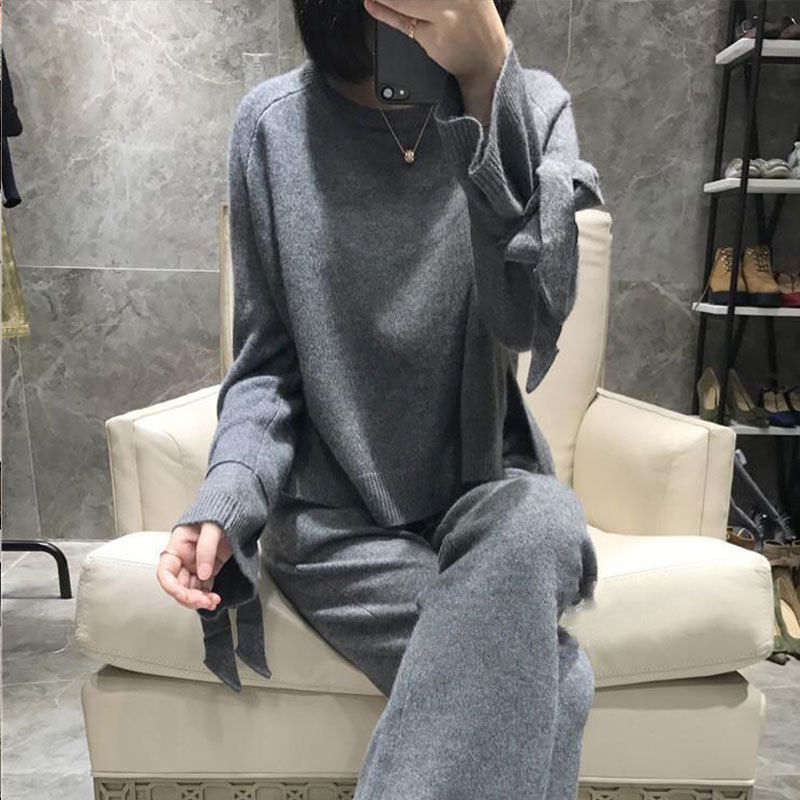 JXMYY high quality wool knitted 2 piece set cashmere loose sweater pullover elastic wiast pants suit women tracksuit 201120