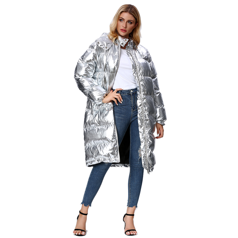 L77street Liizi Winter Thick Tooded Shiny Woman Winter Jacket Silver Long over-the-knee versatile Cotton coat 201110