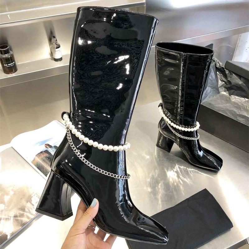 Fashion squared toe pearls chains decor women boots patent leather knee high boots