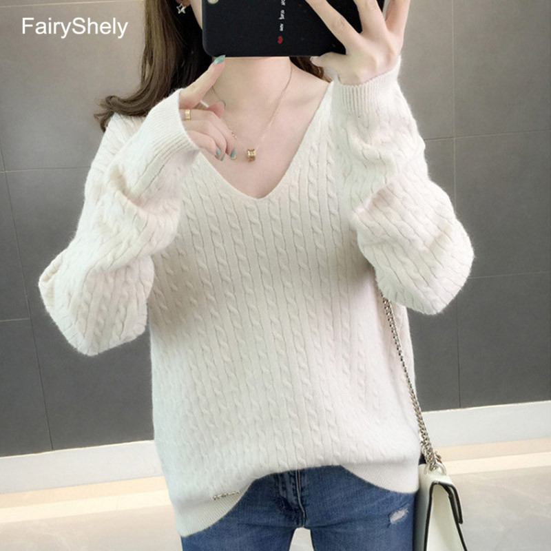 Casual V-Neck Women Sweater Winter Warm Jumper Pink Loose Cashmere Sweater Knitted Pullover Top Pull Hiver Femme 201225