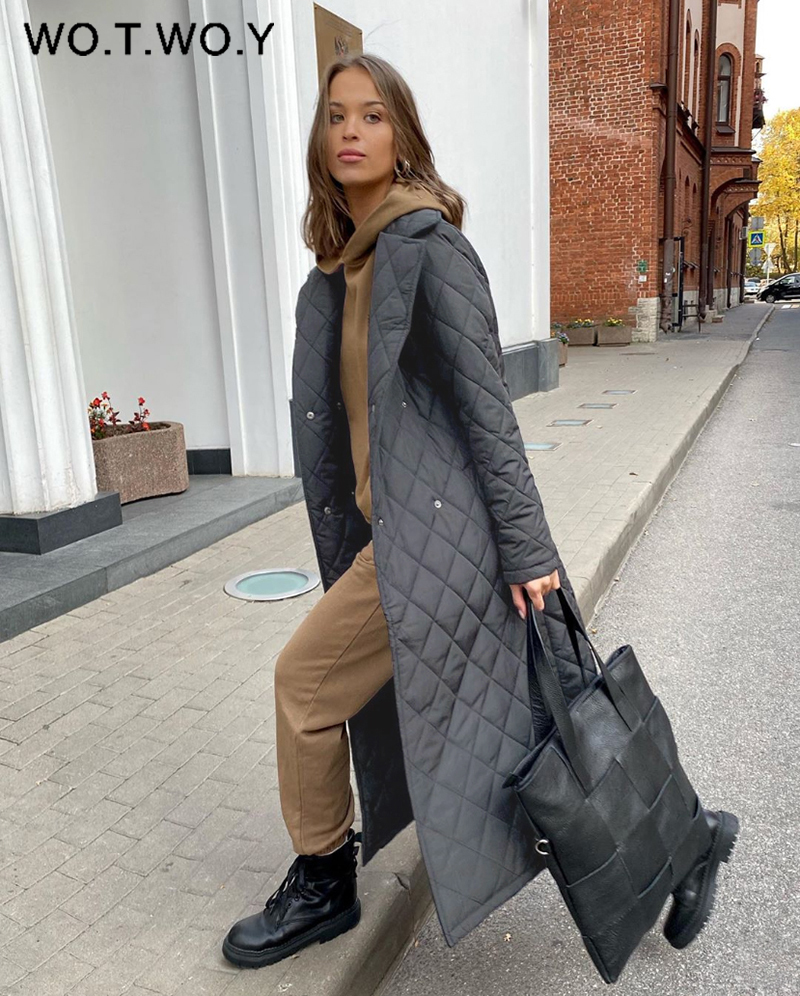 WOTWOY Argyle Belted Long Parkas Women Cotton-Padded Thick Winter Jacket Female Solid Casual Oversized Warm Overcoat with Pocket 201110