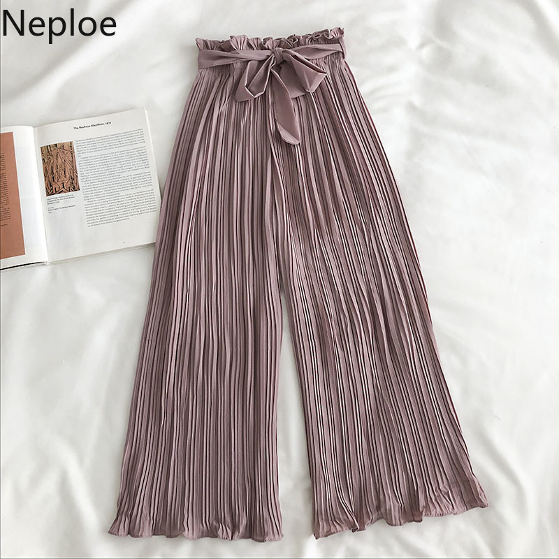 Neploe Chiffon Sping Summer Bandage Women Pants Solid Bow Pleated 2020 Pantalon Femme Casual Simple Ropa Mujer Loose 1C893 T200422