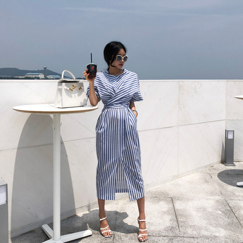 Korean Women Summer Cotton Blue Striped Bandage Split Long Dress Female Long Bodycon Plus Size Vestido Robe Femme Ete Sukienki T200416