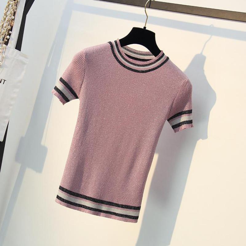 Bling Summer Tees For Women Knitted Tops O-neck Short Sleeve Sweaters 2019 Ice Cool Knitting shirts Striped Casual Clothings T200116