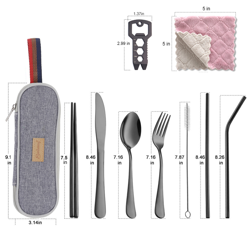 Sunhanny Dinnerware Set Travel Camping Cutlery Set Reusable Silverware with Metal Straw Spoon Fork Chopsticks and Portable Case T200430