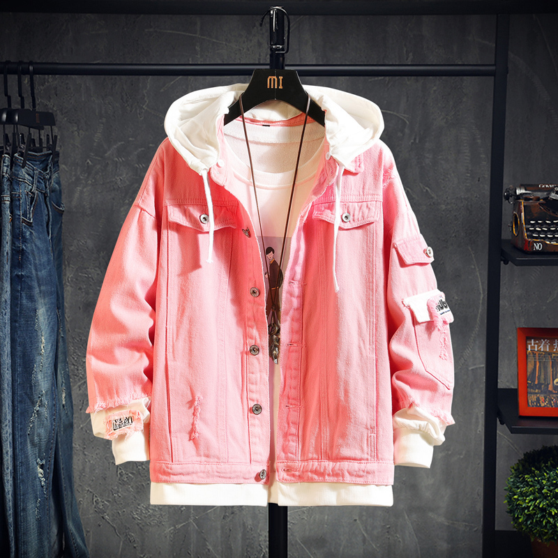 Pink Black Green Jeans Jacket Men Slim Streetwear Ripped Denim Jacket Hoodie Men Hip Hop Bomber Jacket Homme Autumn 201130