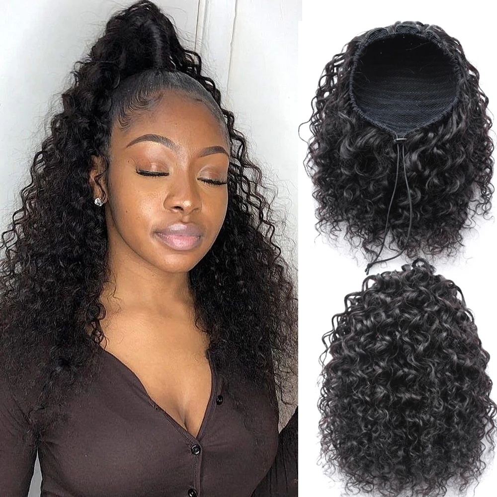 Long Ponytail Human Hair Machine Remy Brazilian deep wave Curly Ponytail Hairstyles 100% Natural Hair Clip in Extensions natural color