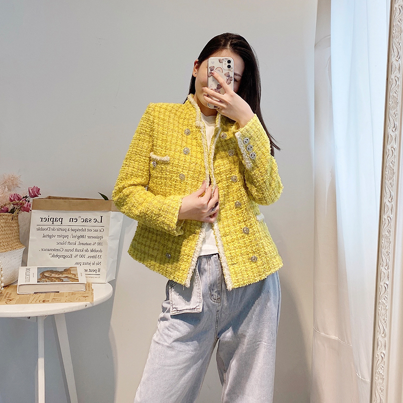 High Quality Runway Women Tweed Jacket Autumn Office Ladies Double Breasted Crystal Buttons Kpop Yellow Plaid Jackets Coat 201014