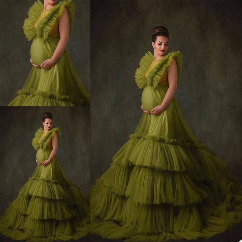 Pregnant Bridal Sleepwear Chic Sexy Sheer Soft Tiered Tulle Custom Made Jewel Neck Wedding Robe Nightgown Sweep Train