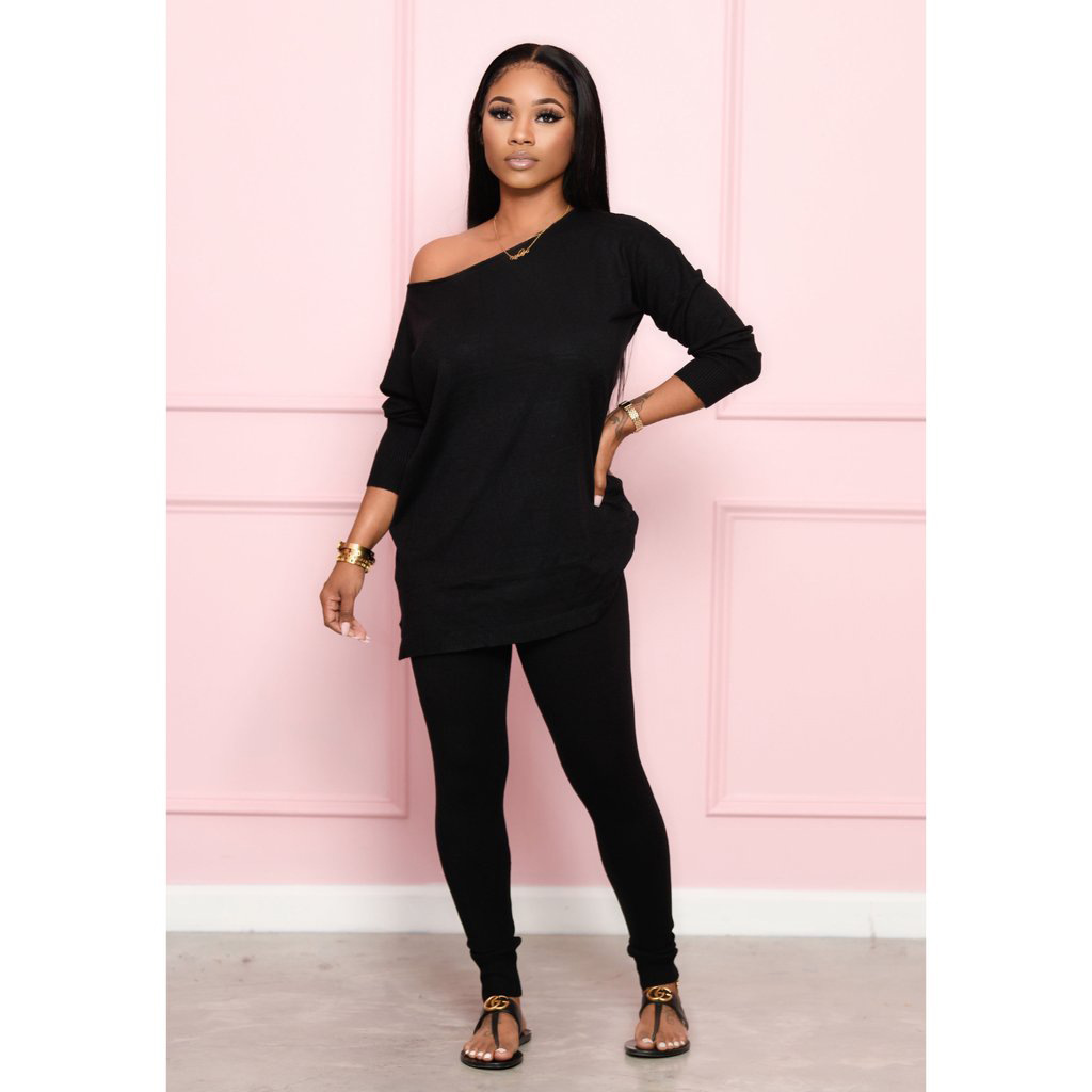 Pants Spot European and American sweater fabric autumn winter models solid color round neck side strapless loose casual two-piece suit