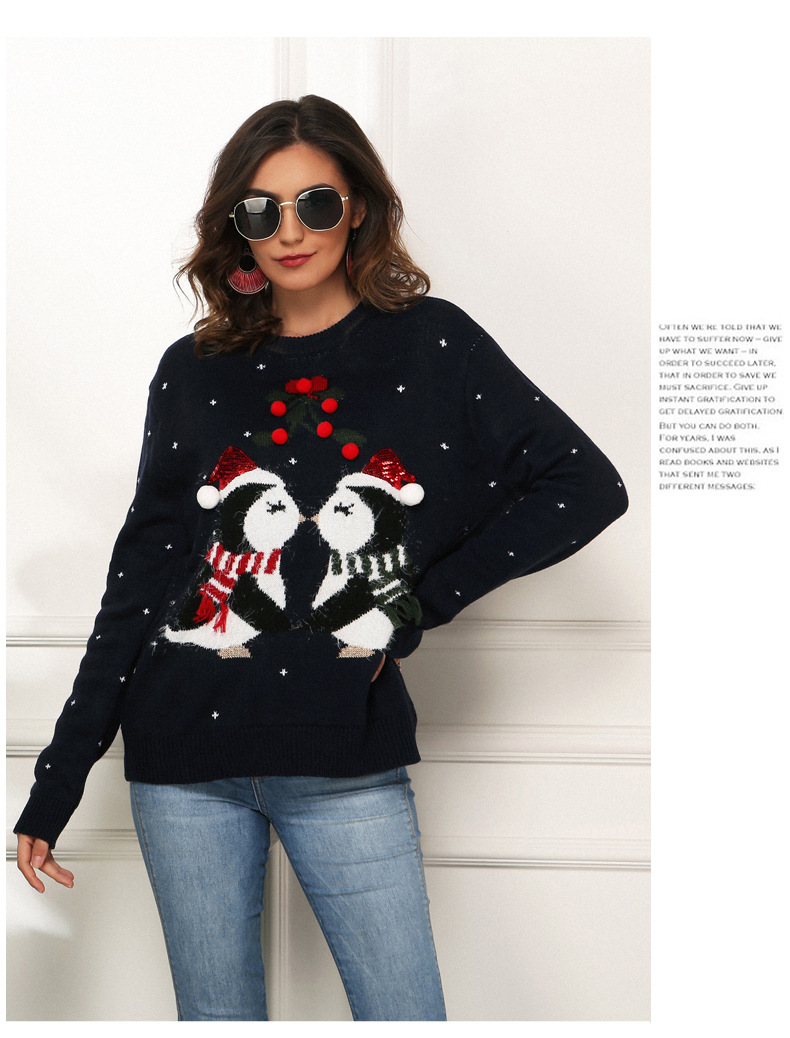 Womens Fashion Christmas Sweaters Penguin Jacquard Loose Fitting Long Sleeve Knitted Pullover Sweaters