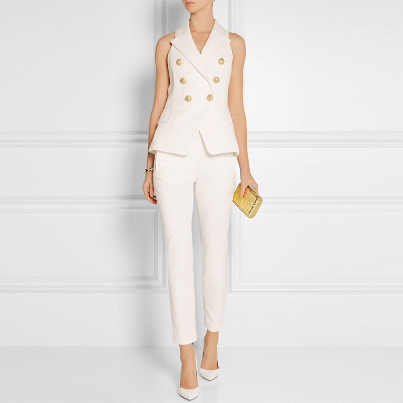 HIGH QUALITY New Fashion Career Style Women's Gold Buttons Double Breasted Vest Outerwear White/Black 201102