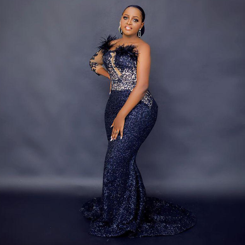 Glitter Feather Navy Blue Mermaid Evening Dresses Appliques Sequined Prom Dress One Shoulder Trumpet Robe De Soriee