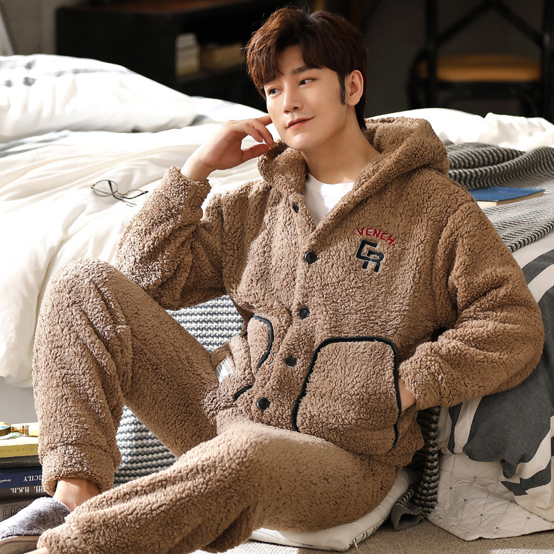 JULY'S SONG Men Pajama Sets Flannel Thicken Winter Warm Sleepwear Suit Pyjamas Hooded Casual Coral Fleece Sleep Homewear 201111