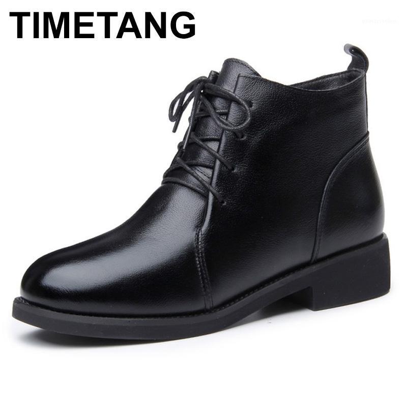 TIMETANG Women Mar Boots Genuine Leather Round Toe Square Heel Ankle Boots Women Winter Warm Snow Casual Leather Shoes1, Black