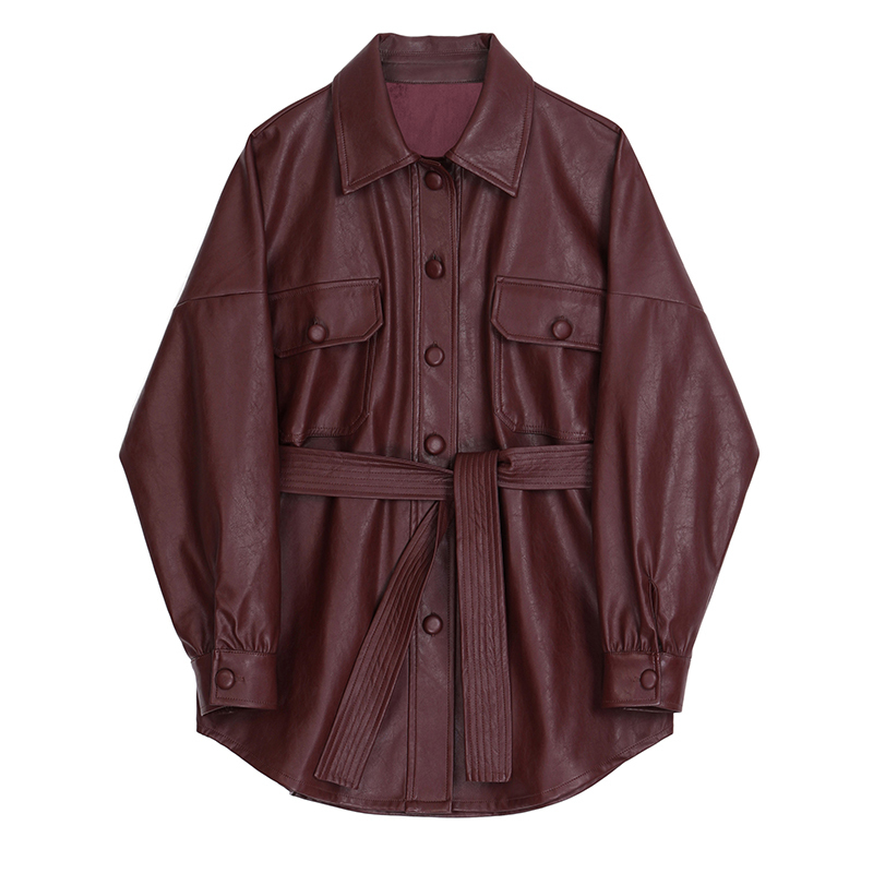 New Autumn Winter Lapel Long Sleeve Wine Red Pu Leather Belt Loose Big Size Jacket Women Coat Fashion T200212