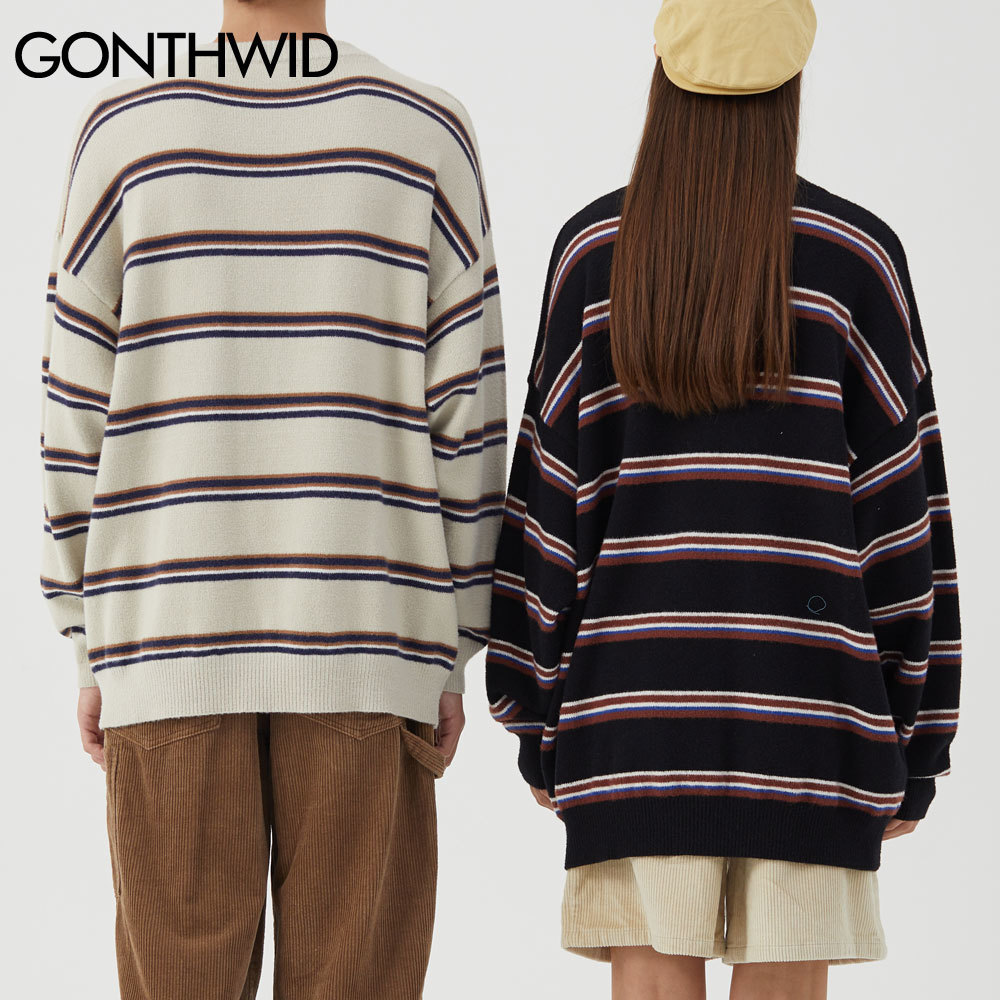GONTHWID Harajuku Stripe Knitted Jumpers Sweaters Streetwear Hip Hop Casual Pullover Knitwear Mens Fashion Crew Neck Tops 201203