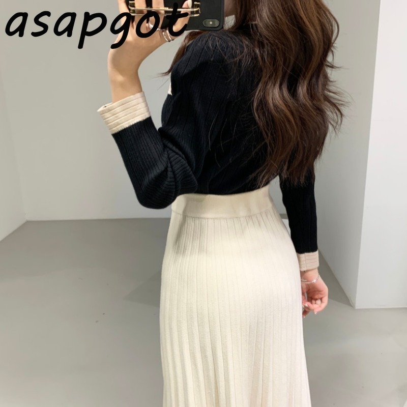 Chic French Autumn Winter New Women's Set 2 Pieces O Neck Full Slim Knitted Sweater Cardigan Coat Knitted Pleated Skirt Retro 201031