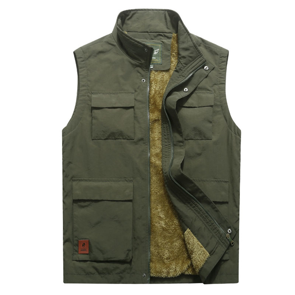 Men's Winter Vest Thicken Fleece Multi Pocket Waistcoat Casual Warm Mandarin Collar Photographer Sleeveless Jacket Plus Size 5XL 201120
